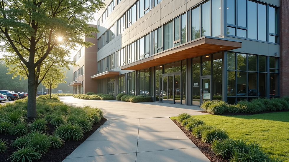 High angle view of a well-maintained commercial building exterior with clean windows and landscaping