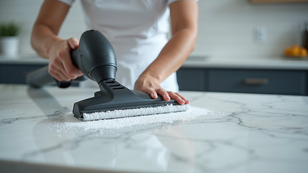 Close-up view of a professional cleaner using advanced equipment on a marble countertop