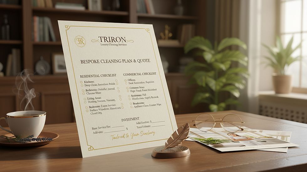 Close-up view of a detailed cleaning checklist and quote document on a desk