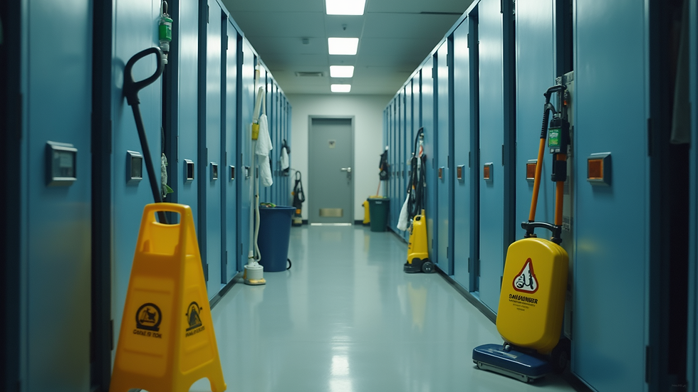 High angle view of cleaning equipment neatly arranged in a janitorial closet