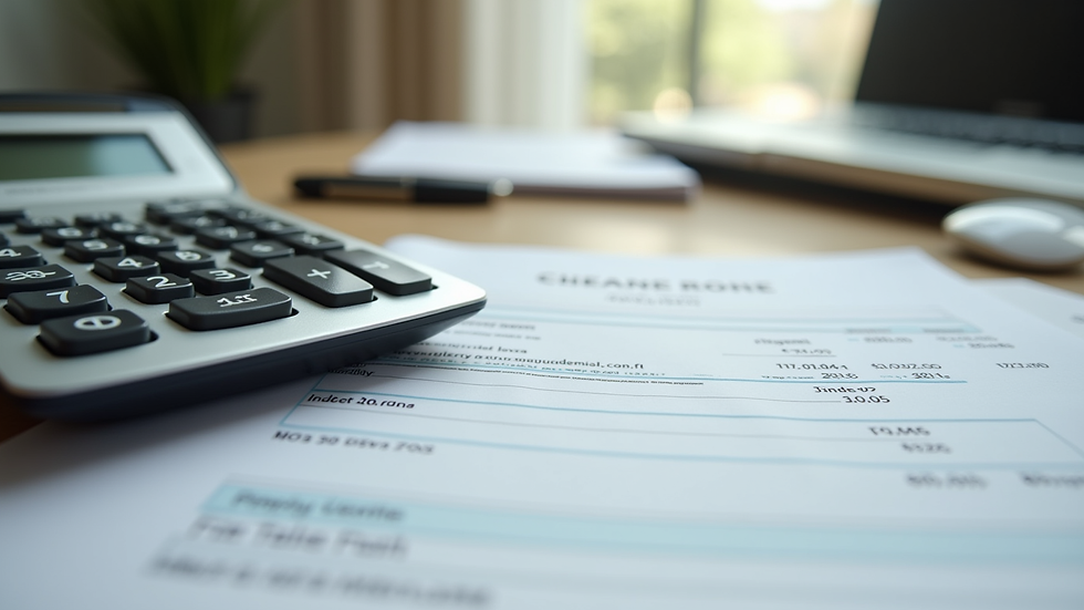 Close-up view of a calculator and cleaning invoice on a desk