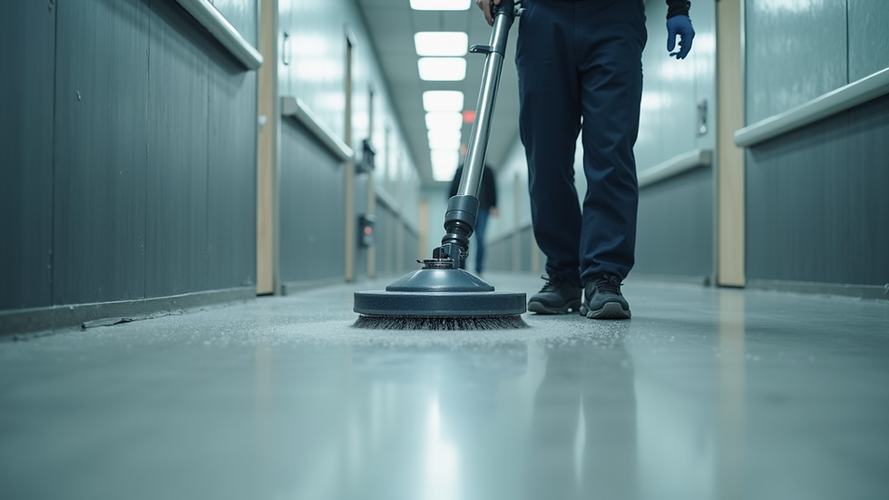 Eye-level view of a professional cleaner using advanced equipment on a commercial floor