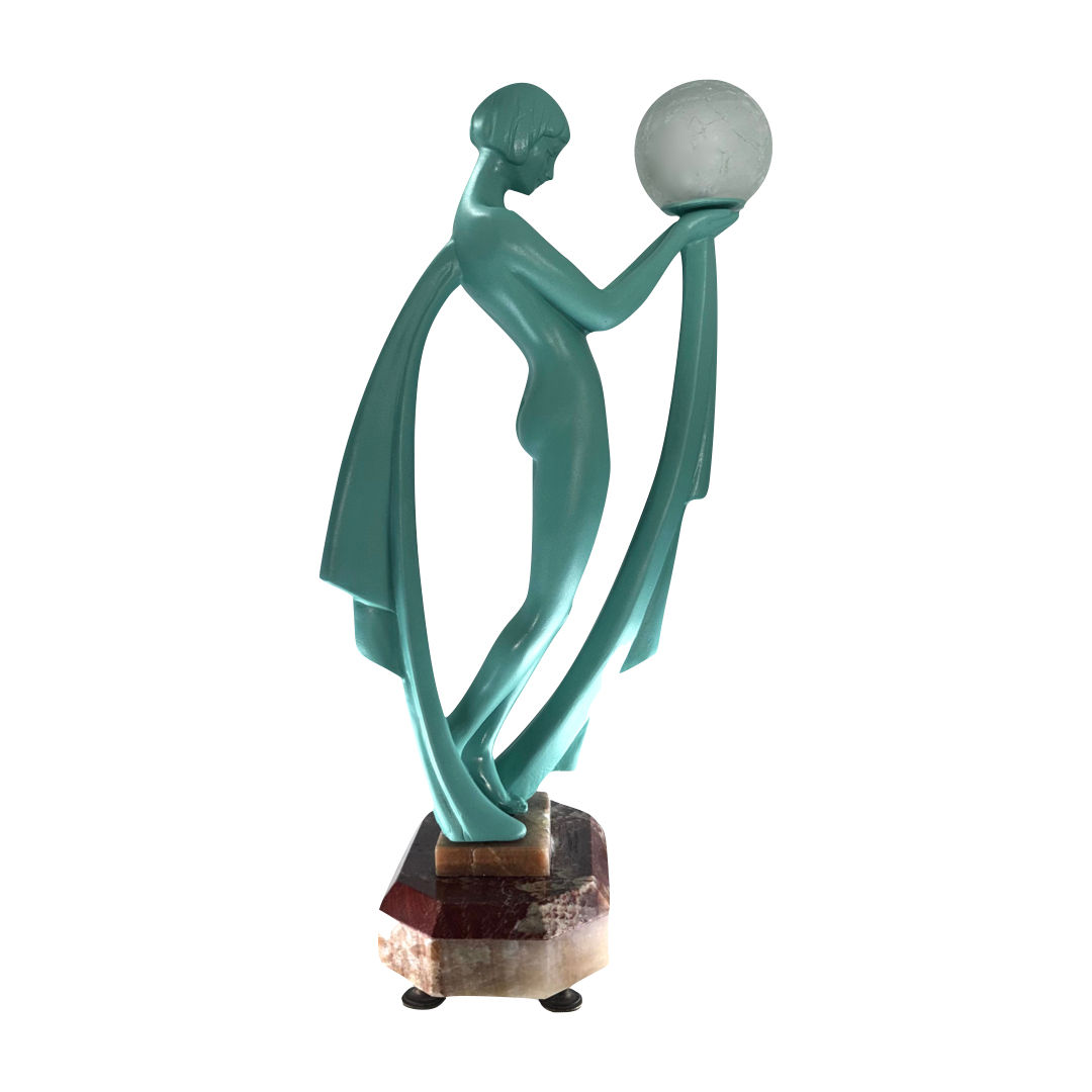 1930s Art Deco Lady Lamp, Patinated Spelter Dancer Sculpture, Marble Base.