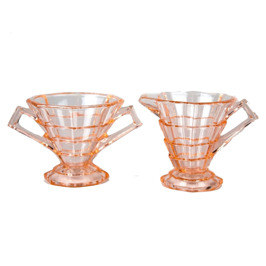 Vintage Art Deco Indiana Glass Tea Room Pink Creamer & Sugar Bowl.