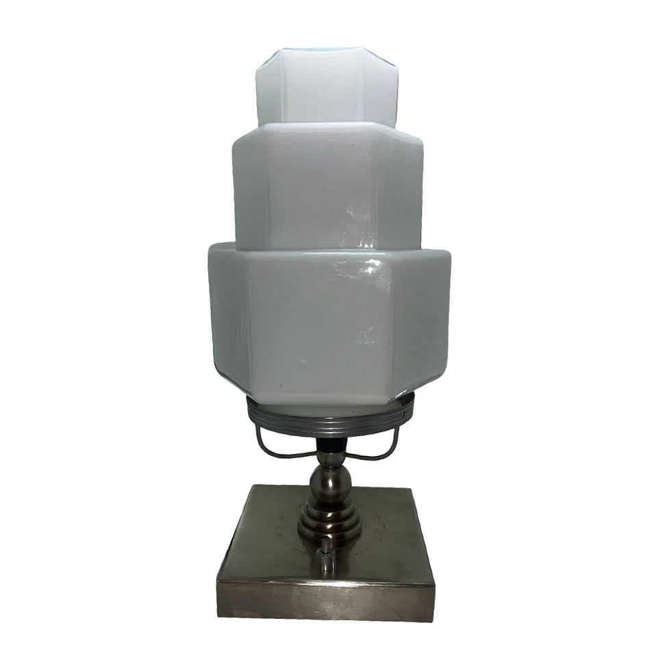 Thumbnail: Vintage Art Deco Table Lamp c.1930s Geometric Opaline Glass Shade.
