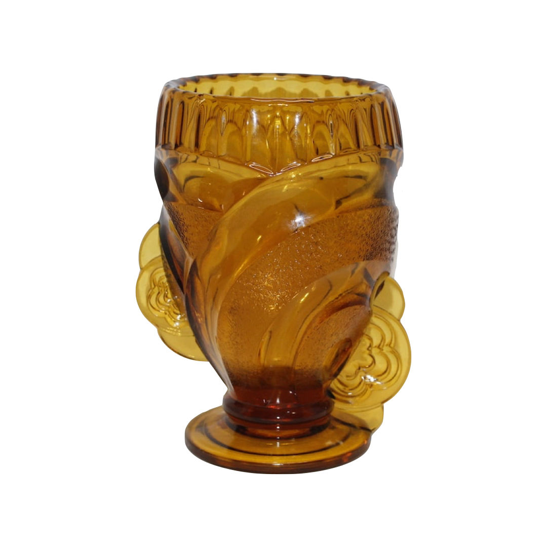 Vintage Sowerby Art Deco Amber Glass Vase Deep Swirled Cuts Applied Glass Floral