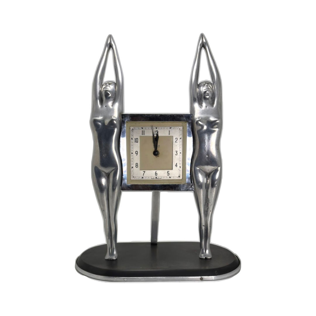 Temco1930s Art Deco chrome spelter lady figure electric clock c 1930.