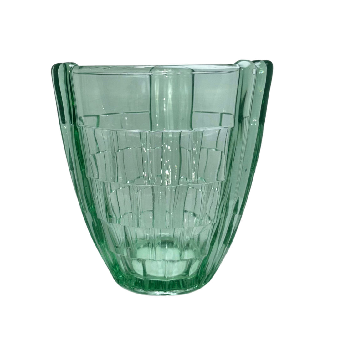 1930s Green Art Deco Glass Vase, Vintage Geometric Pressed Glass.
