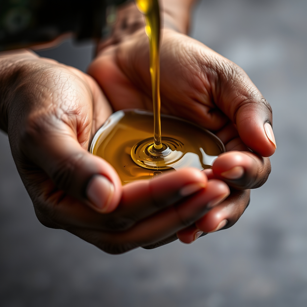 Olive oil being poured into hands