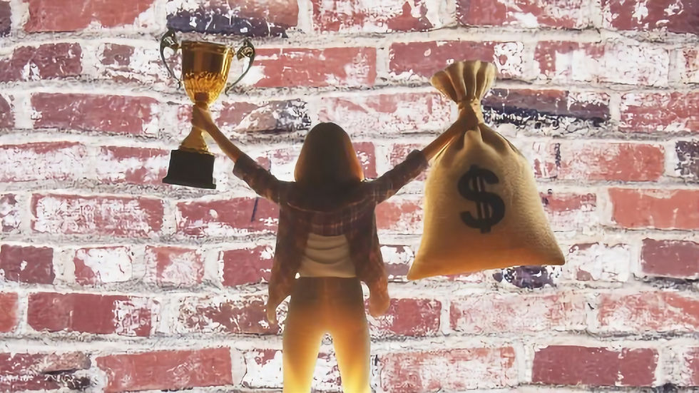 Silhouette of a triumphant individual standing atop a pile of gold coins, holding a trophy in one hand and a bag of money in the other, symbolizing the victory of earning the first dollar.