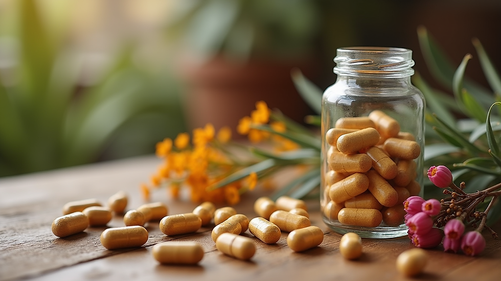 Eye-level view of a wooden table with natural herbal supplements and dried flowers