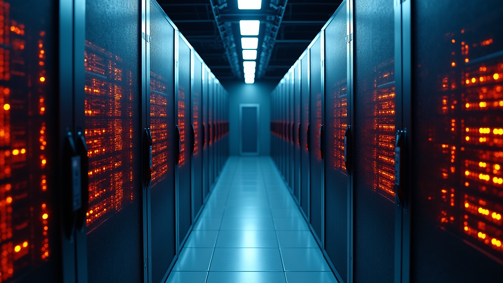 High angle view of a server room with glowing data center equipment