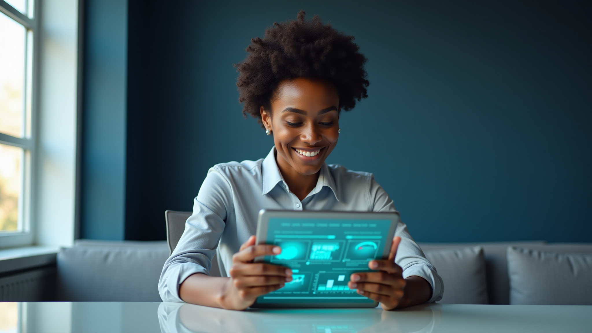 Smiling woman holding digital tablet displaying glowing information on a table.