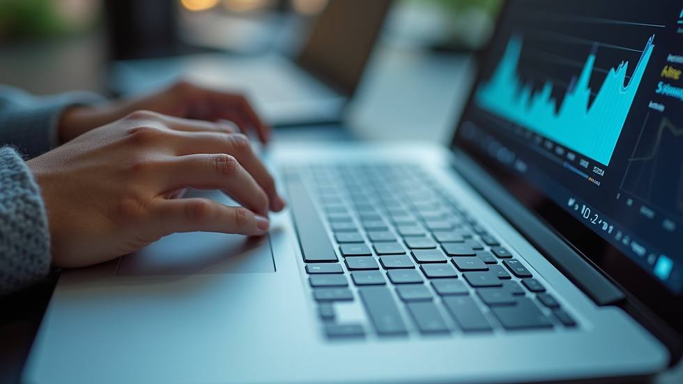 Close-up view of a person analyzing data on a laptop with charts and graphs
