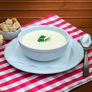 Potato cream soup with cheese and croutons/ Krumplikrémleves sajtkockákkal és krutonkall/ Potatoes cream soup with cheese and croutons