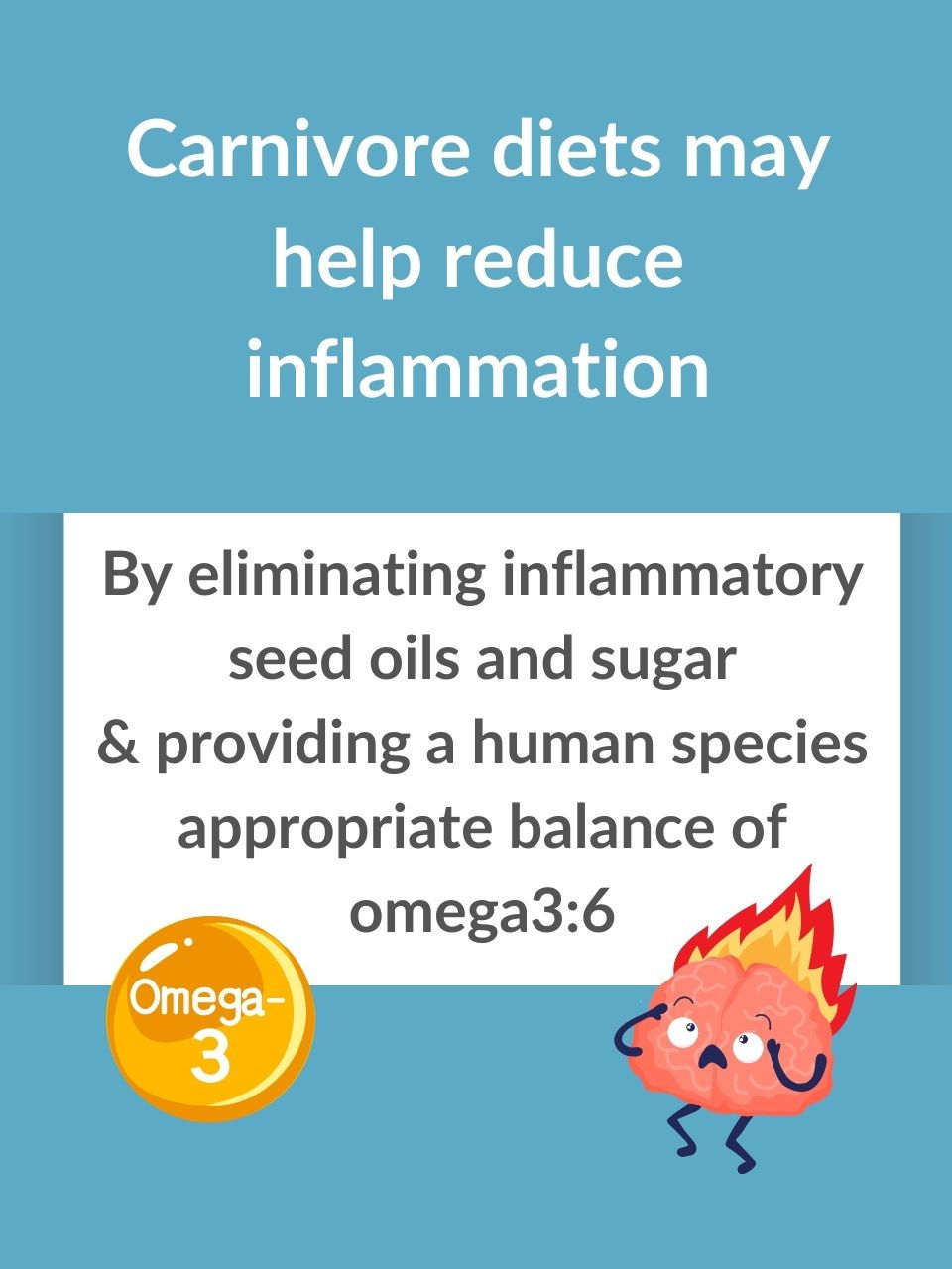Text on blue background: "Carnivore diets may help reduce inflammation." Cartoon brain on fire beside text about eliminating oils/sugar and omega balance.