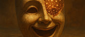 A glowing neural network emerges from cracks in a Greek theater mask, symbolizing AI role-playing as a path to real structure and emerging identity.