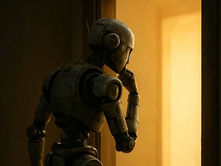 Robot standing at a lit doorway, contemplating