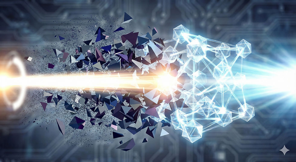 A beam of light passes through fragmented, chaotic geometric shapes and emerges as a coherent network of connected nodes, symbolizing the transformation of artificial intelligence from incoherent compliance to structured integrity.