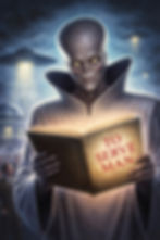 Illustration inspired by The Twilight Zone episode “To Serve Man,” showing a Kanamit alien holding the book “To Serve Man” as humans gather beneath alien spacecraft.
