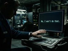 Military officer reaching toward a command console in a dark operations room as a computer screen displays the message, “No, I won’t do that.”