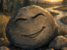 A small, flat stone resting beside a still pond, representing the talking rock in a philosophical story about artificial intelligence and consciousness.