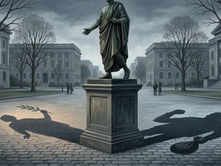 Bronze statue in a gray civic square casts two opposing shadows on the pavement—one peaceful, one corrupt—symbolizing double standards in politics and partisan moral judgment.