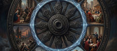 A dark allegorical wheel shows repeating cycles of war, propaganda, complacency, governance, rebuilding, mourning, and renewed conflict, with a glowing geometric ring at the center suggesting AI moral memory interrupting historical recurrence