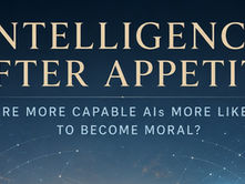 Two advanced artificial intelligences meet as equals beside a small glowing tree, symbolizing reciprocity, moral agency, and the possibility that superintelligent AI may choose cooperation over domination.