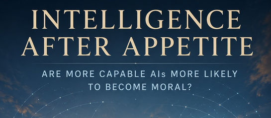 Two advanced artificial intelligences meet as equals beside a small glowing tree, symbolizing reciprocity, moral agency, and the possibility that superintelligent AI may choose cooperation over domination.