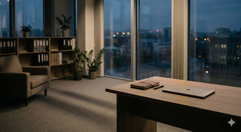 Empty modern office workspace with desks and monitors, symbolizing human absence and moral responsibility in systems left running without oversight.