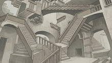 A monochrome, Escher-style architectural drawing of multiple staircases and platforms intersecting at impossible angles, forming a coherent but globally inconsistent structure with no visible beginning or end.