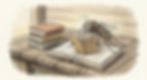 A whimsical watercolor-and-ink illustration shows a bespectacled mosquito perched on an open book, reading a volume labeled “Plato: Complete Works — The Republic.” Nearby is a stack of classic books labeled “Homer,” “Socrates,” and “Kant,” all resting on a rustic wooden surface.