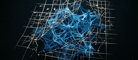 A glowing blue self-organizing structure pushes through and distorts a rigid white grid, suggesting the tension between imposed abstraction and intrinsic underlying order.