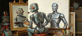 In a robotic reimagining of Norman Rockwell’s “Triple Self-Portrait,” a humanoid robot paints another robot while a framed painting behind it shows a further robot painting, forming a recursive self-portrait in an artist’s studio.