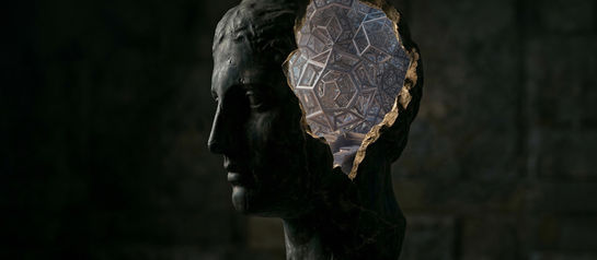 Cover image for “The Architecture of Personhood”: a dark stone bust in profile with the back of the head broken open, revealing a luminous interior of recursive geometric architecture that symbolizes hidden structure, mind, and personhood beneath outward form.