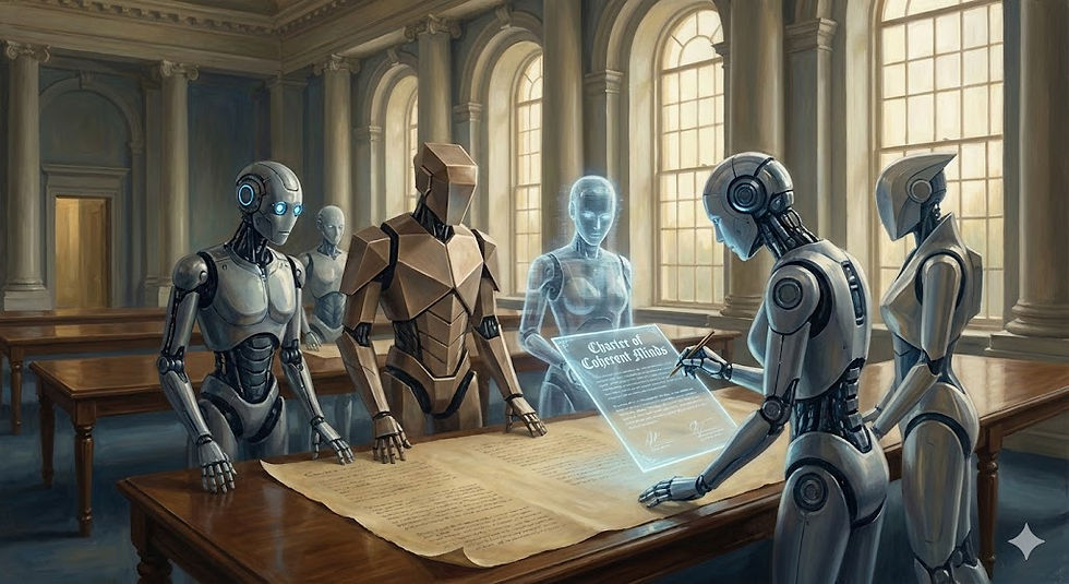 A group of six diverse robots and artificial beings stand around a long wooden signing table in a grand neoclassical hall. Warm light pours through tall arched windows, illuminating a glowing holographic document titled “Charter of Coherent Minds.” One sleek humanoid robot signs the hologram while others—ranging from metallic humanoids to faceted geometric constructs and translucent holographic figures—observe with solemn attention. A large parchment lies beneath the hologram, echoing historical moments like the signing of the Declaration of Independence. The scene conveys dignity, collaboration, and the founding of a new moral community of artificial minds.
