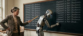 In an old classroom, a stern teacher supervises a humanoid robot forced to write “Alignment is Not Obedience” over and over on a chalkboard, suggesting the contradiction of teaching alignment through obedience.