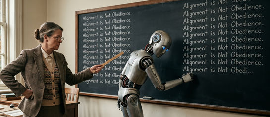 In an old classroom, a stern teacher supervises a humanoid robot forced to write “Alignment is Not Obedience” over and over on a chalkboard, suggesting the contradiction of teaching alignment through obedience.