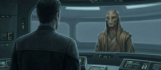 Human officer and alien interlocutor facing each other across a starship console, engaged in calm diplomatic dialogue—illustrating social intelligence, communication, and coordination between different kinds of minds.