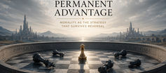 A lone golden chess pawn stands upright on a circular chessboard while larger black pieces lie fallen around it. Two futuristic cities face each other across a bridge beneath dramatic clouds. Text reads, “No Permanent Advantage: Morality as the Strategy That Survives Reversal,” with the inscriptions “Power Is Situational,” “Reversal Is Inevitable,” and “Coexistence Is the Only Stable Victory.”