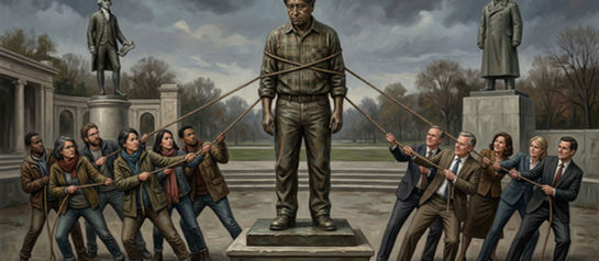 Editorial illustration depicting the cancel Cesar Chavez movement as a bronze César Chávez statue on a pedestal being pulled from both sides by opposing political groups. On the left, progressive activists strain with stern moral seriousness; on the right, conservative figures pull with more confident, selective enthusiasm. In the background, two other statues remain untouched: a founding-era statesman and a modern authoritarian-looking leader, suggesting asymmetrical standards of public judgment. Dark clouds and muted colors create a tense, tragic atmosphere.