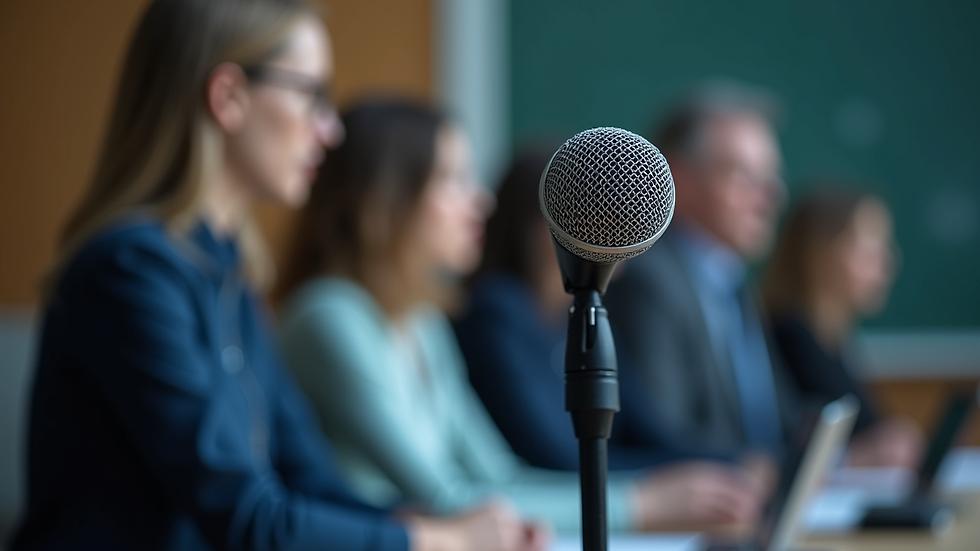 Close-up view of a microphone and IELTS speaking test setup