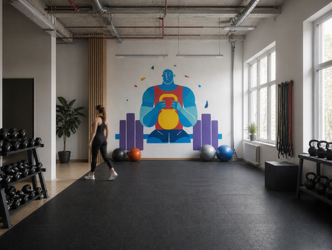 fitnessruimte met muurprint van sportfiguur en subtiel bewegende vrouw op de achtergrond