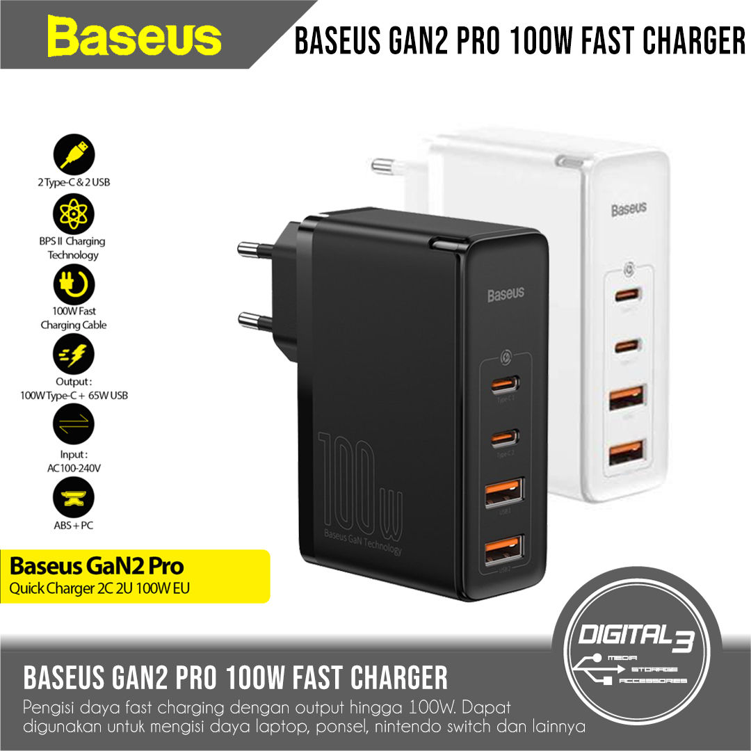 Baseus Gan2 Pro 100W Fast Charger 4 in 1 PD Dual Type C + Dual USB-A