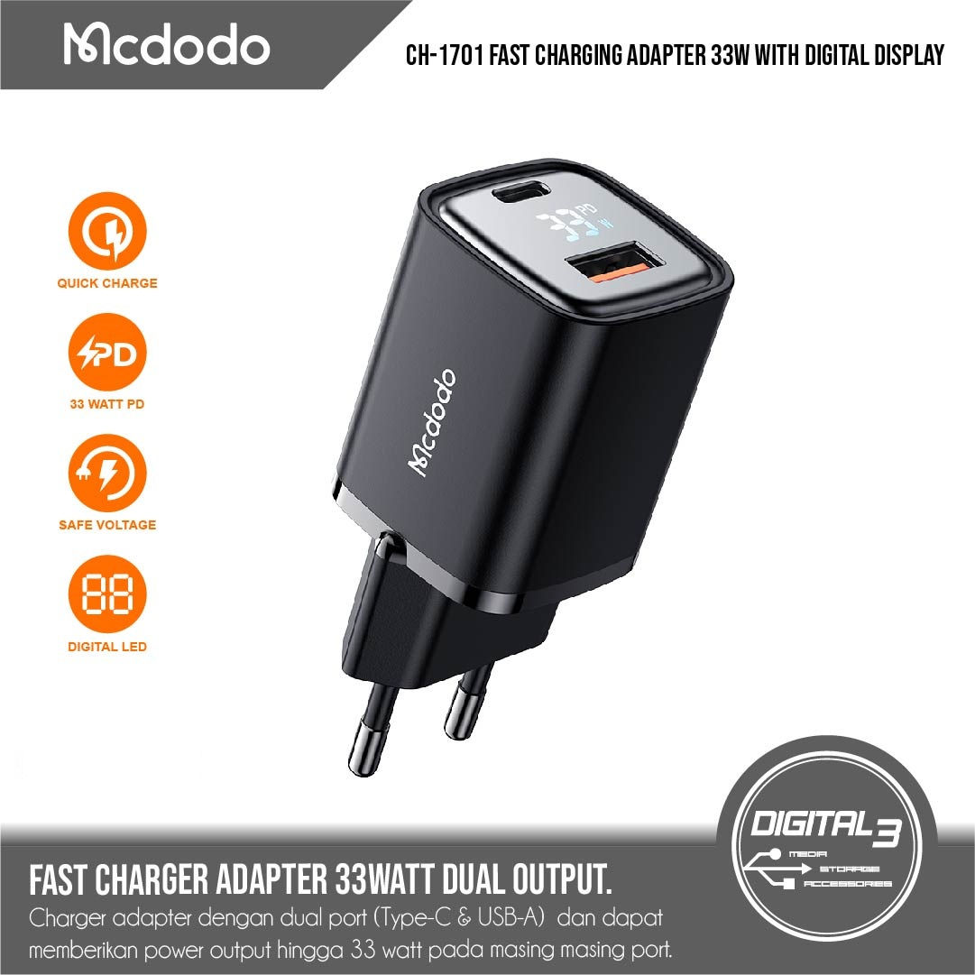 Adapter Mcdodo CH-170 Digital Display PD+QC Dual Port 33W Fast Charger