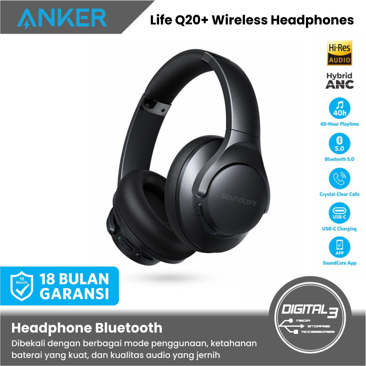Anker Soundcore Life Q20+ Q20 PLUS Bluetooth Wireless Headphone A3045