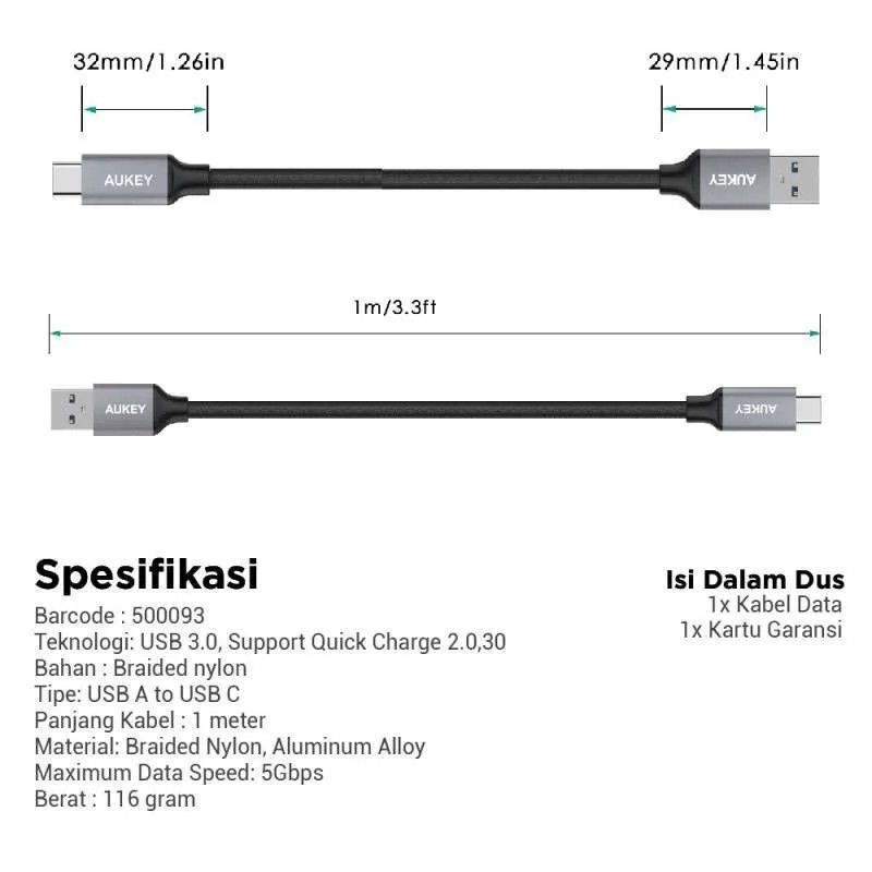 Thumbnail: Aukey CB-CD2 Kabel Charger USB 3.0 to Type C Data Cable Fast Charging