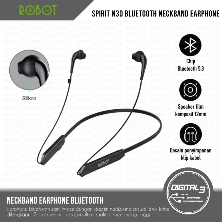 ROBOT Spirit N30 Earphone Bluetooth Neckband Semi In-Ear Headset Wireless Earbud