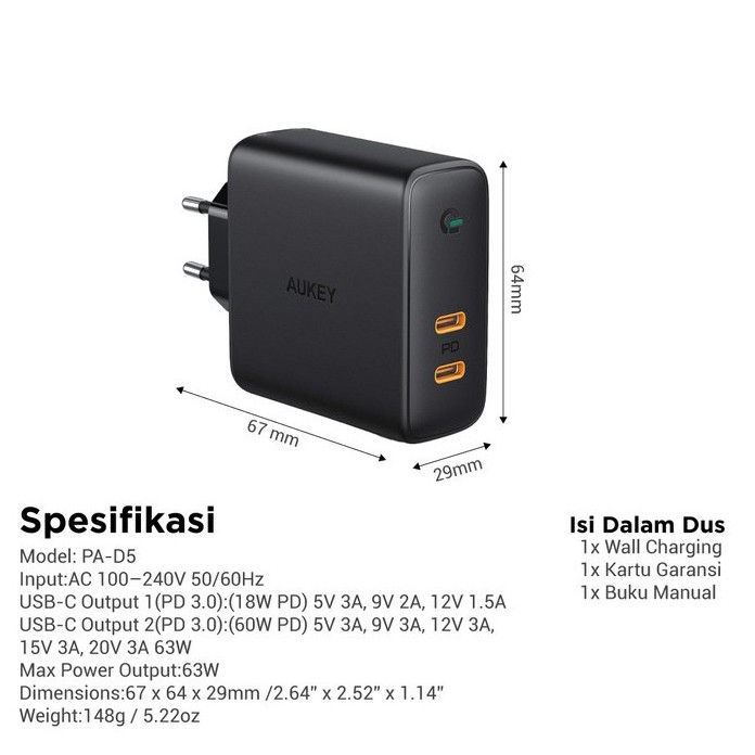 Thumbnail: Aukey Fast Charger PA-D5 Dual Port USB Type C 63W PD QC GaN Adapter
